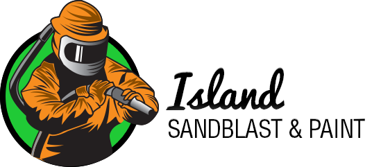 Logo for "Island Sandblast & Paint" featuring a person in orange protective gear and helmet holding sandblasting equipment, with a green circle background. The business name is to the right in bold and script fonts.